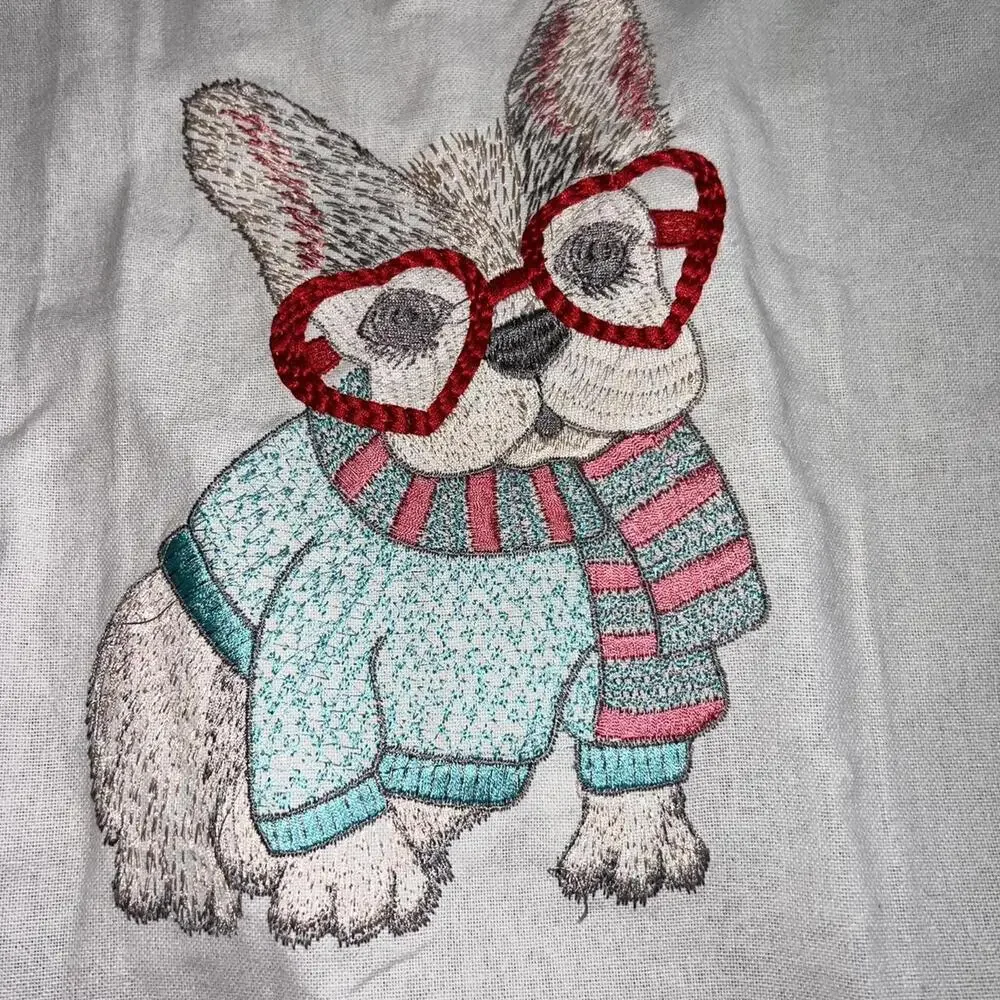 Cynthia Rowley French Bulldog Dog‎ Kitchen Towel Red Glasses Pom Pom Trim NWOT